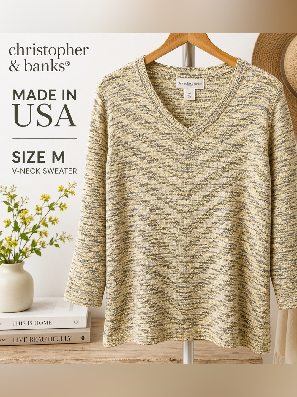 Christopher & Banks Made in USA V Neck Marled Knit Sweater Yellow Gray M